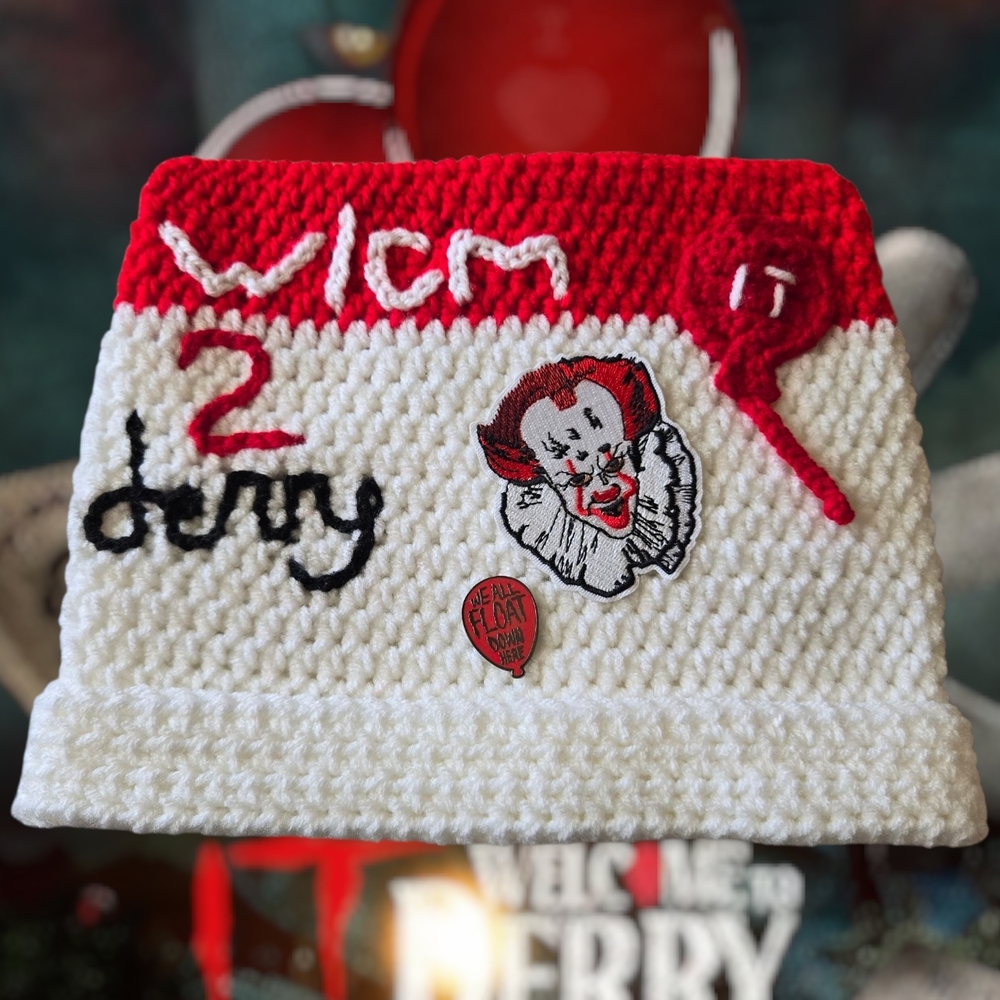 "Pennywise/Wlcm To DERRY" inspired Handmade Crochet Beanie, Horror, Adult - Picture 3 of 6
